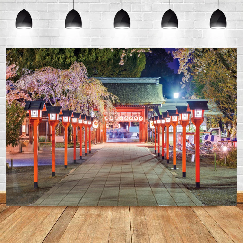 

Laeacco Japanese Style Building New Year Lantern Sakura Landscape Background Room Decor Photographic Photo Backdrop
