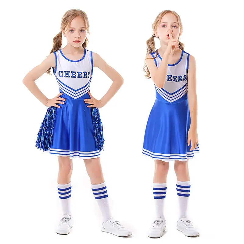 

Children Cheerleader Costume School Girl Outfits Fancy Dress Cheer Leader Uniform Team Sports Uniforms Belly Button Tight Skirt