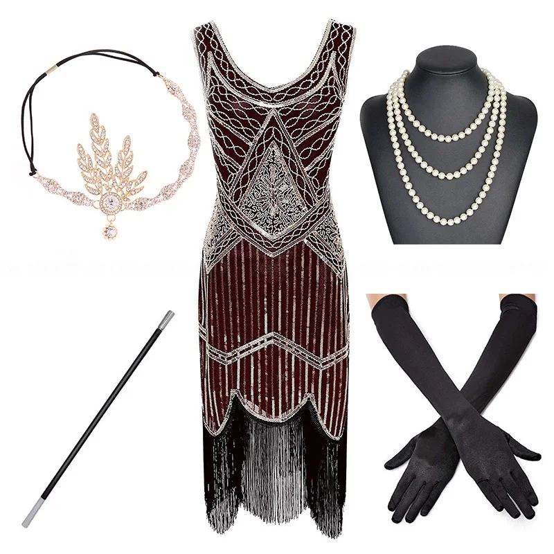 Женское платье с бахромой блестками и Пейсли рукавом в стиле арт-деко 1920-х Гэтсби