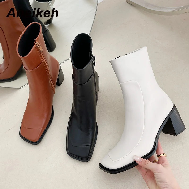 

Aneikeh NEW Spring Women's Boots 2021 Mid-Calf Fashion PU Square Toe Thick Bottom Shoes ZIP Leisure Basic Solid Chelsea BootsHee