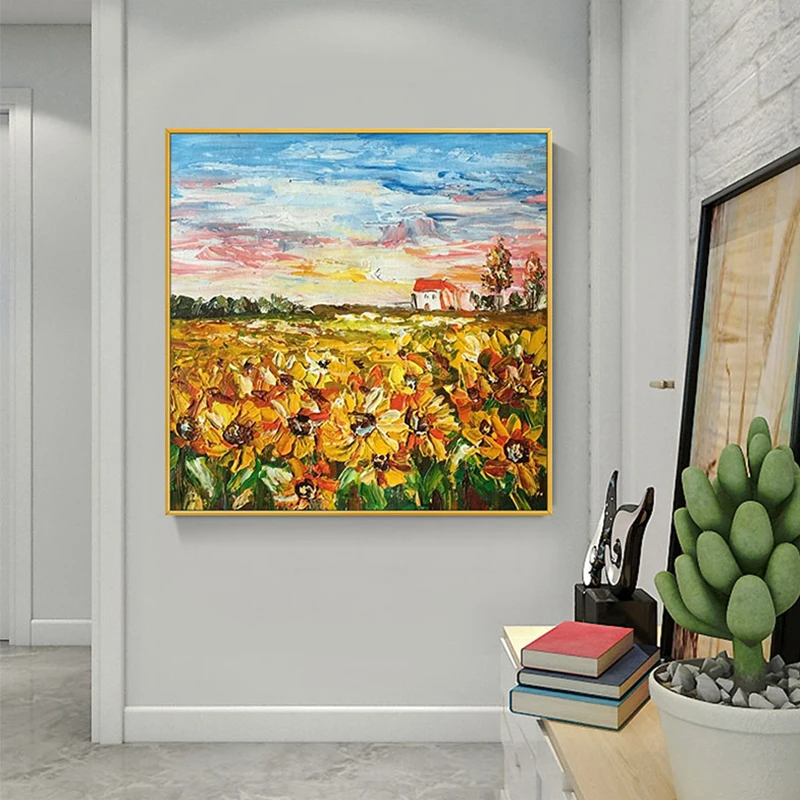 

Handmade Oil Painting Wall Art Pictures Thick Texture Oil Paintings Sunflowers Field For Home Living Room Wall Decor Unframed