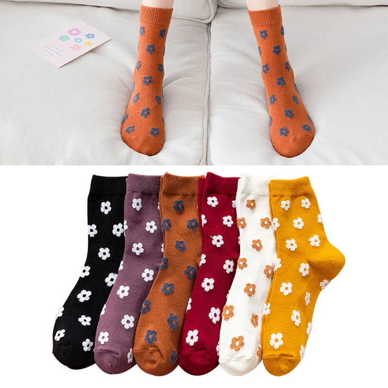

6 Pairs Cartoon 3D Flowers Women Socks Harajuku Kawaii Florals Socks Woman Casual Cute Breathable Cotton Socks Spring Autumn