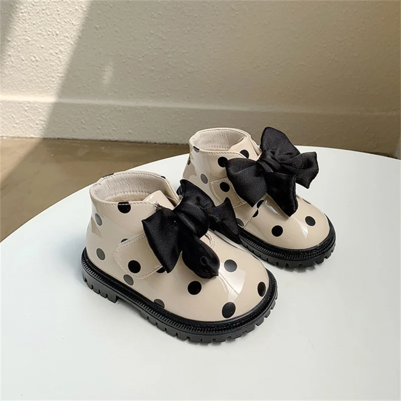 2021 New Autumn Winter Baby Boots Leather Dots Butterfly-knot Cute Princess Shoes Ankle Fashion Toddler Girls Boots 16-25