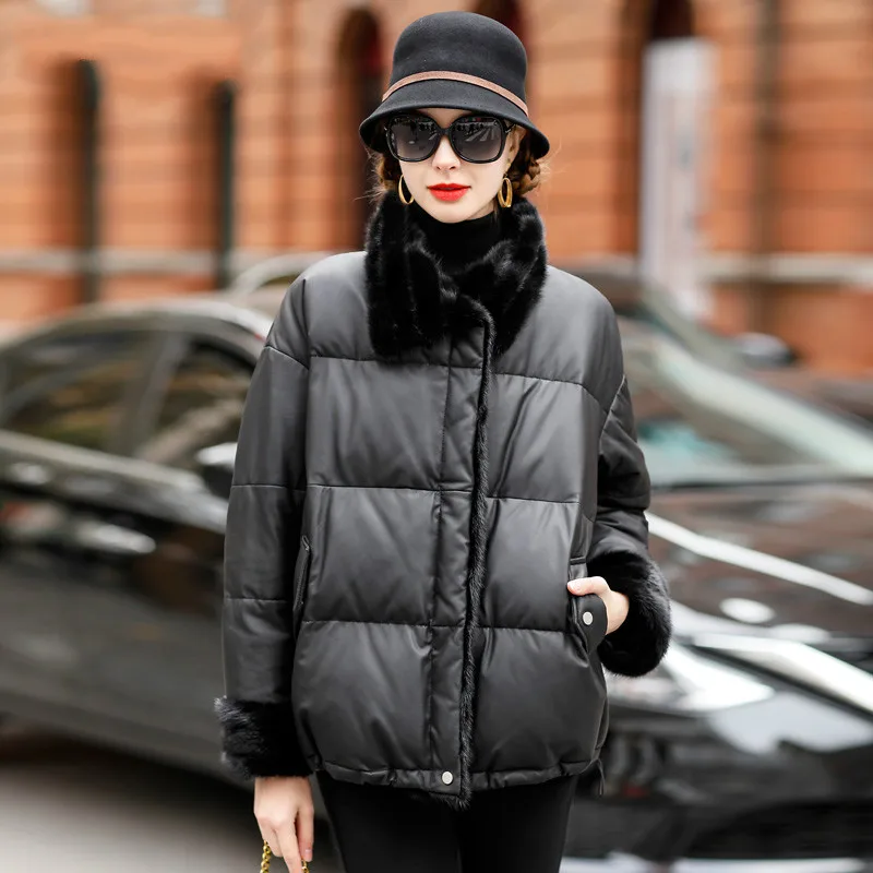 

JCHB 2021 Real Leather Jacket Women Short Sheepskin Coat Female 90% White Duck Down Jackets Mink Fur Collar Cuero Genuino Pph22