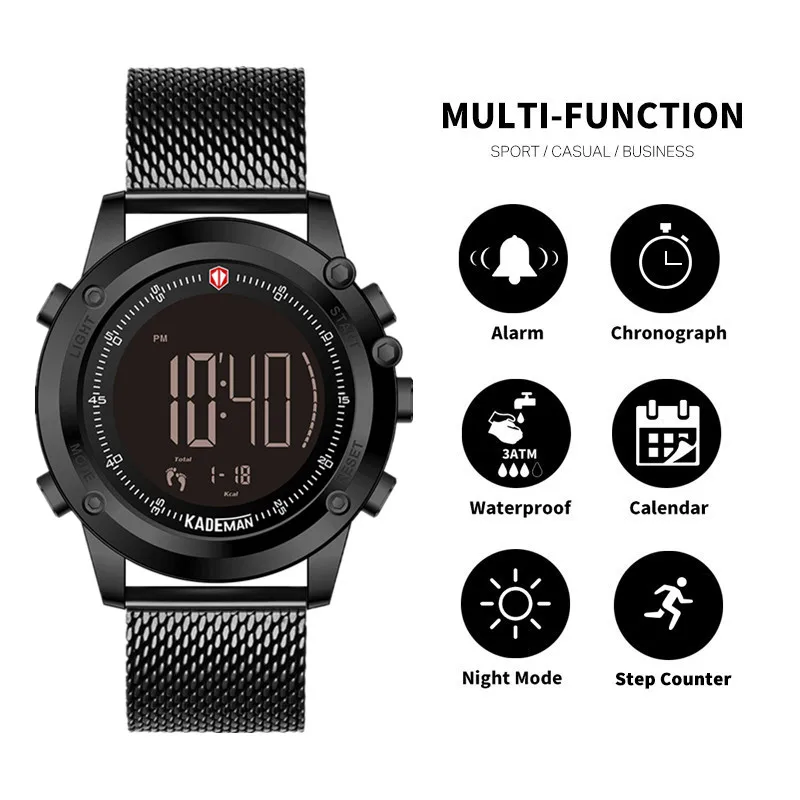 KADEMAN Tech цифровые часы модные спортивные мужские наручные часы Счетчик шагов 3ATM повседневные кожаные часы светодиодный дисплей Relogio Masculino