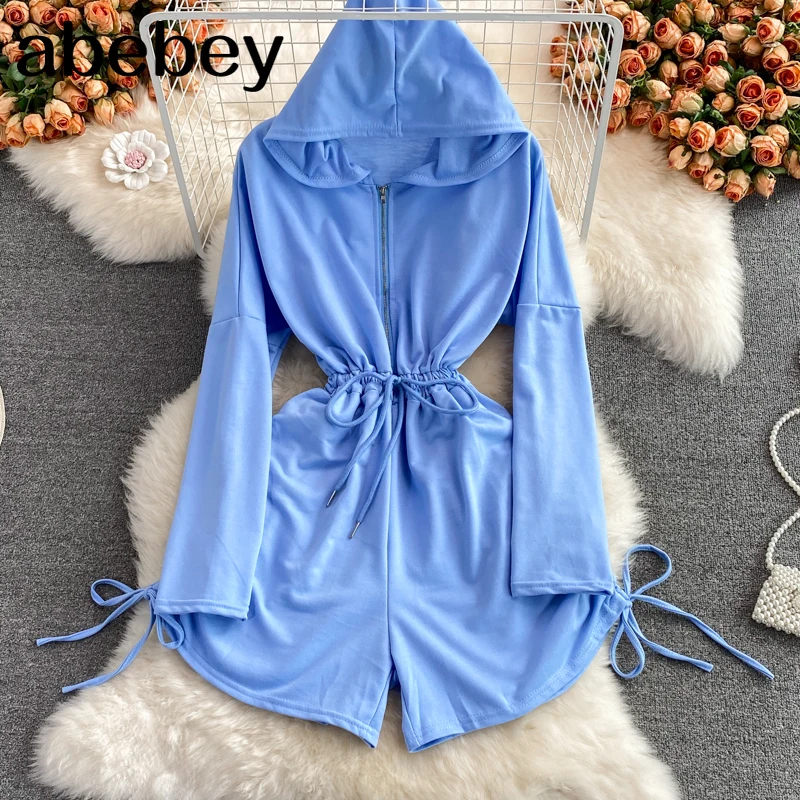 

2021 New Spring Autumn Fashion hooded collar long sleeve zipper Rompers drawstring bandage high waist casual wide leg Rompers