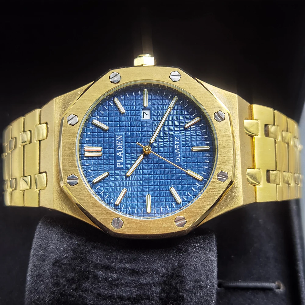 

Часы наручные PLADEN мужские с календарем, классические водонепроницаемые деловые уличные золотистые в британском стиле для джентльменов