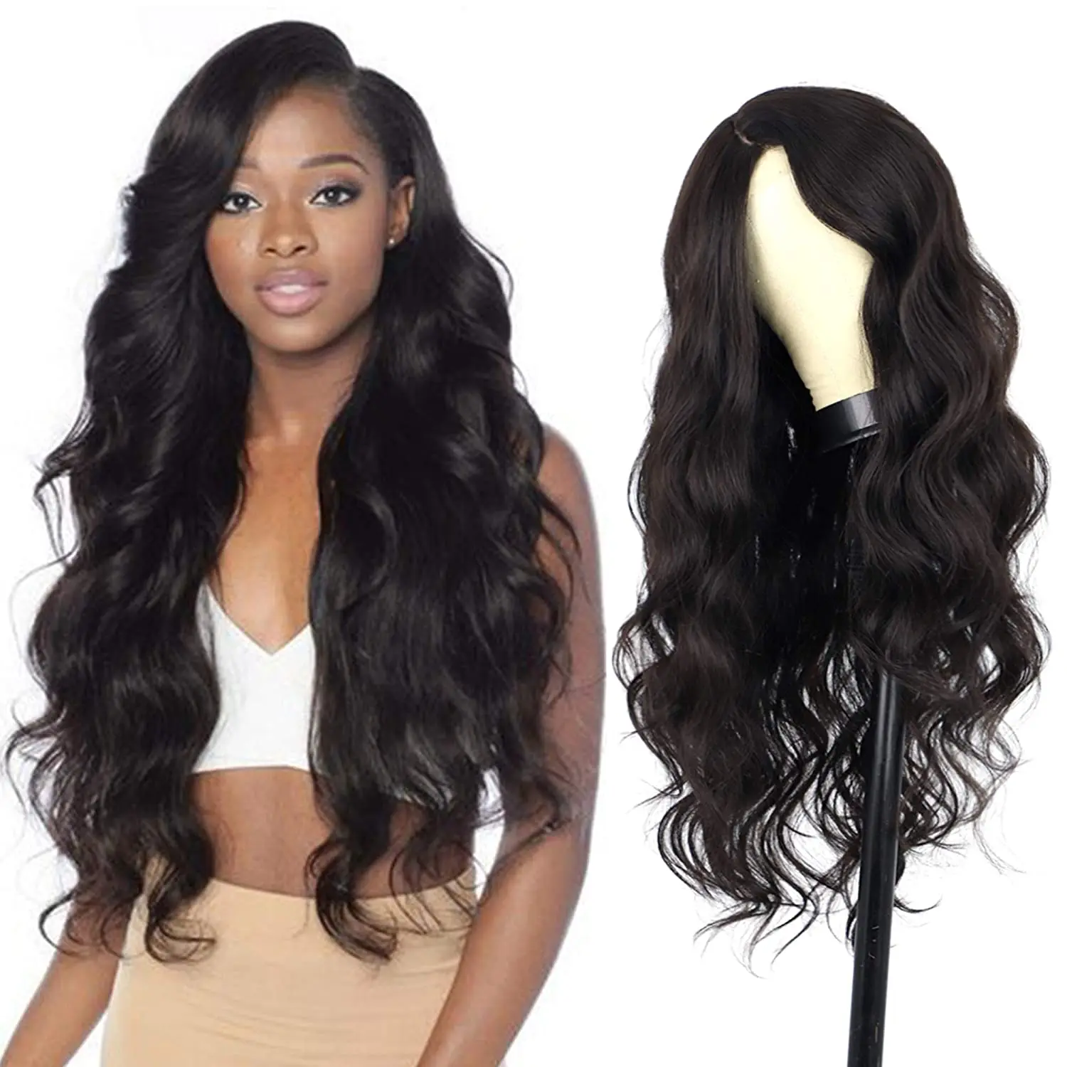 

Vigorous Long Body Wave Highlight Wig Synthetic Wigs for Women Side Part Natural Black Wig Heat Resistant Fiber Hair