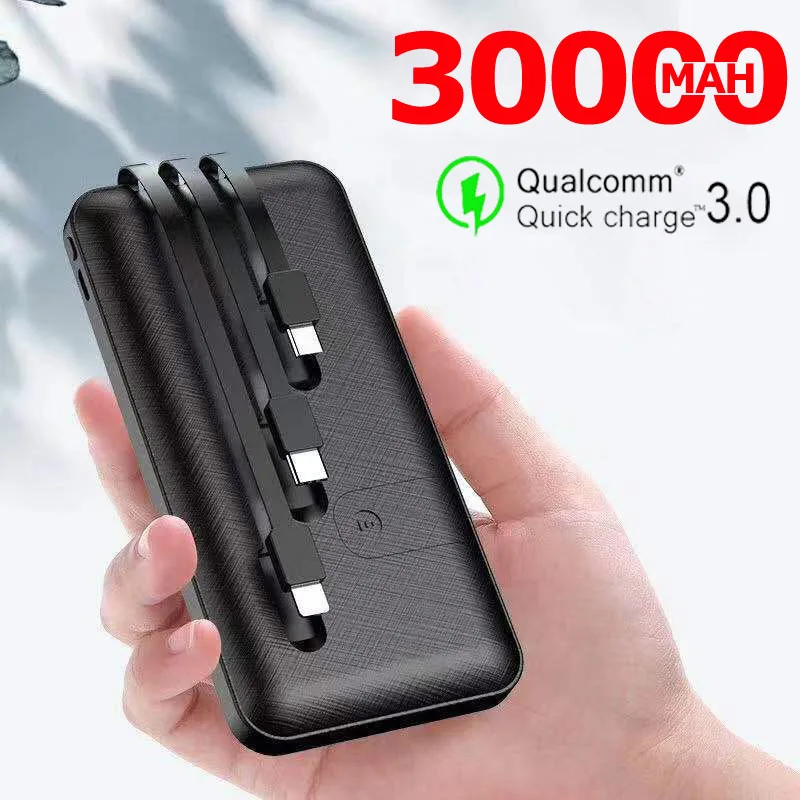 Внешний аккумулятор 30000 мАч быстрая зарядка со встроенным 3 кабелями внешний для