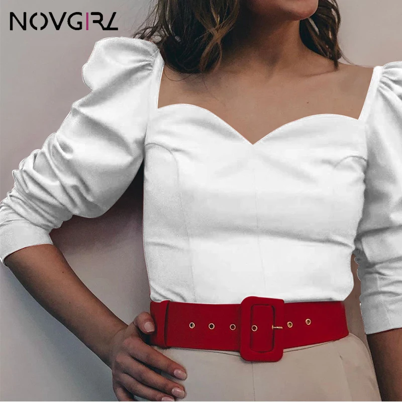 Novgirl/винтажная белая блузка рубашки для женщин с v образным вырезом и пышными