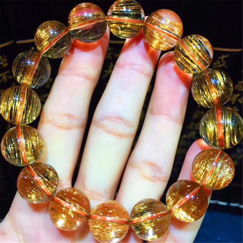 

13mm Top Natural Copper Rutilated Bracelet For Women Men Cat Eye Round Beads Wealth Quartz Clear Crystal Stretch Strand AAAAA