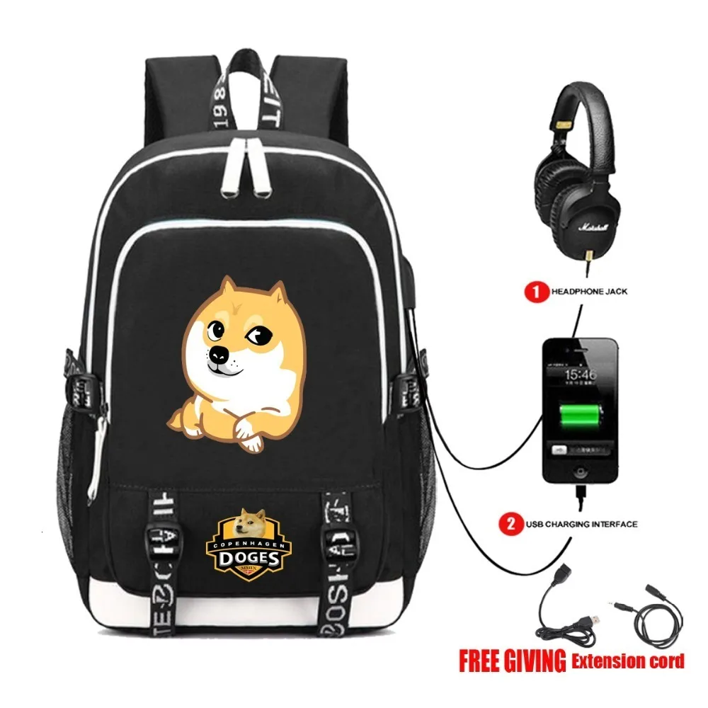 

USB Charging Headphone jack Schoolbag Unisex Travel Bags Laptop Shoulders Bag student book backpack Cool cut Doge face backpack