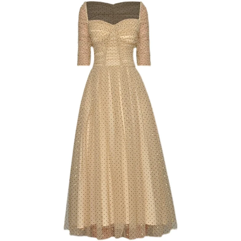 

Runway Designer Spring Summer Fashion New Women'S Polka Dot Print Mesh Gauze Sexy Tube Top Retro Elegant Party Midi Dress