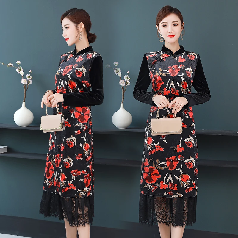 

CHUNLI Large size 2019 Autumn and winter dress cheongsam velvet dress high-end temperament long-sleeved stitching lace floral