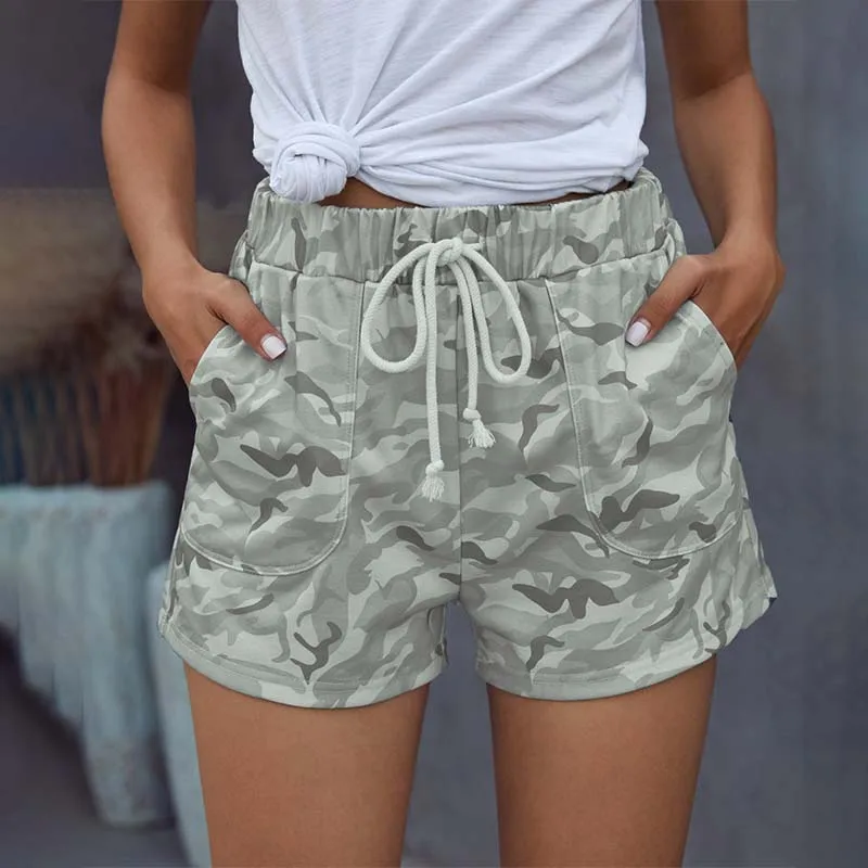 

Camouflage High Waist Drawstring Pocket Shorts Women Casual Loose Streetwear Plus Size Beach Holiday Wide Leg Short Pants