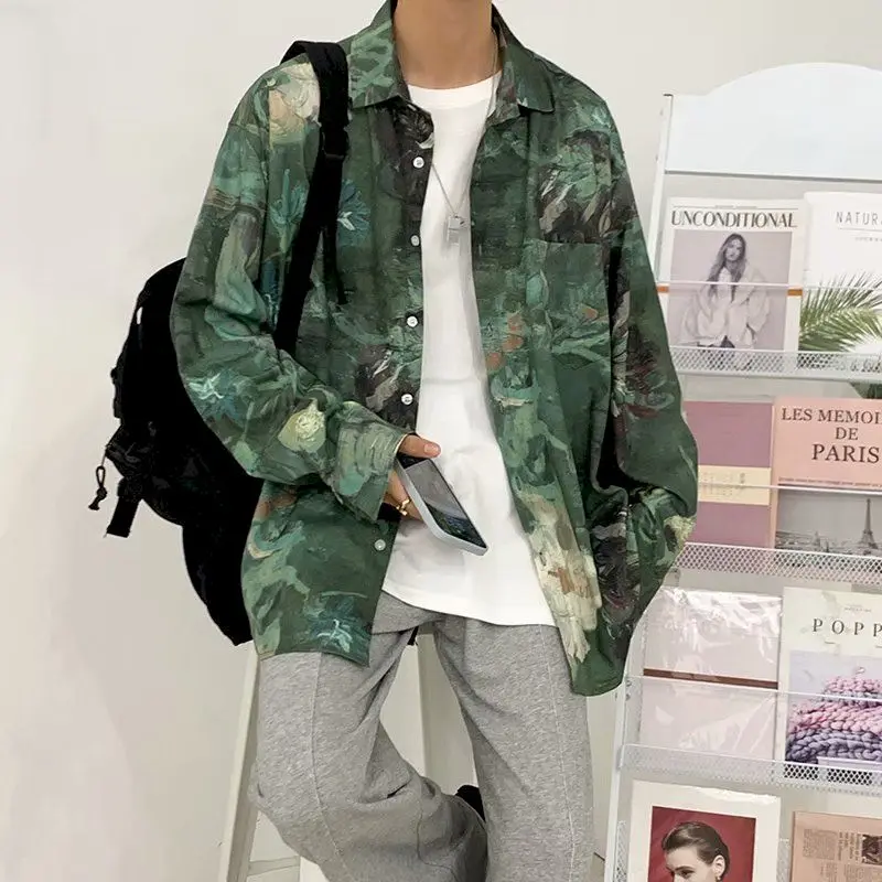 

Повседневная Красивая Мужская рубашка Fonekie, рубашки с длинными рукавами и принтом масляной живописи в стиле ретро, Мужская Уличная свободна...