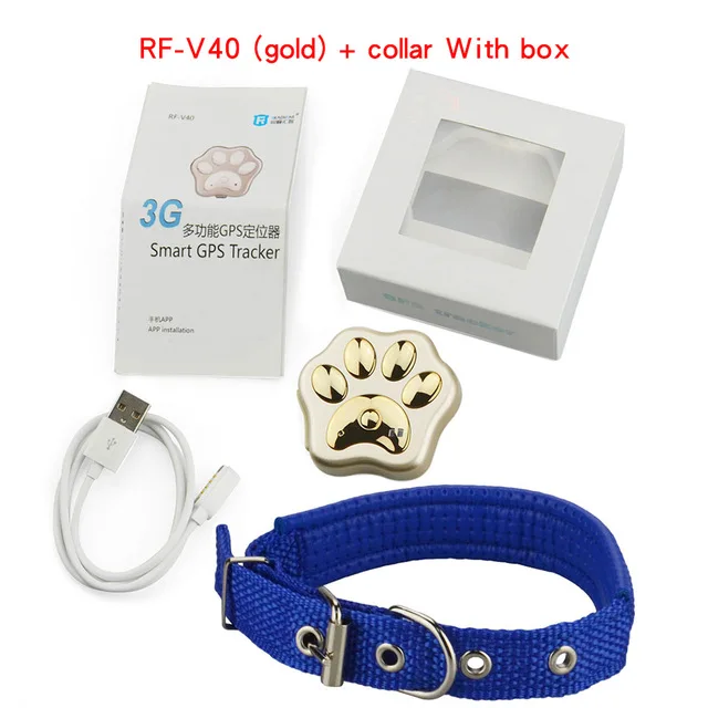 With box(gold collar RF-V40, 3g, gps трекер для питомцев, собак, кошек, устройство против потери, Мини, водонепроницаемый, для домашних животных, Wifi, локатор, расширенный, герметичный, водонепроницаемый, пылезащитный - Цвет: With box(gold collar