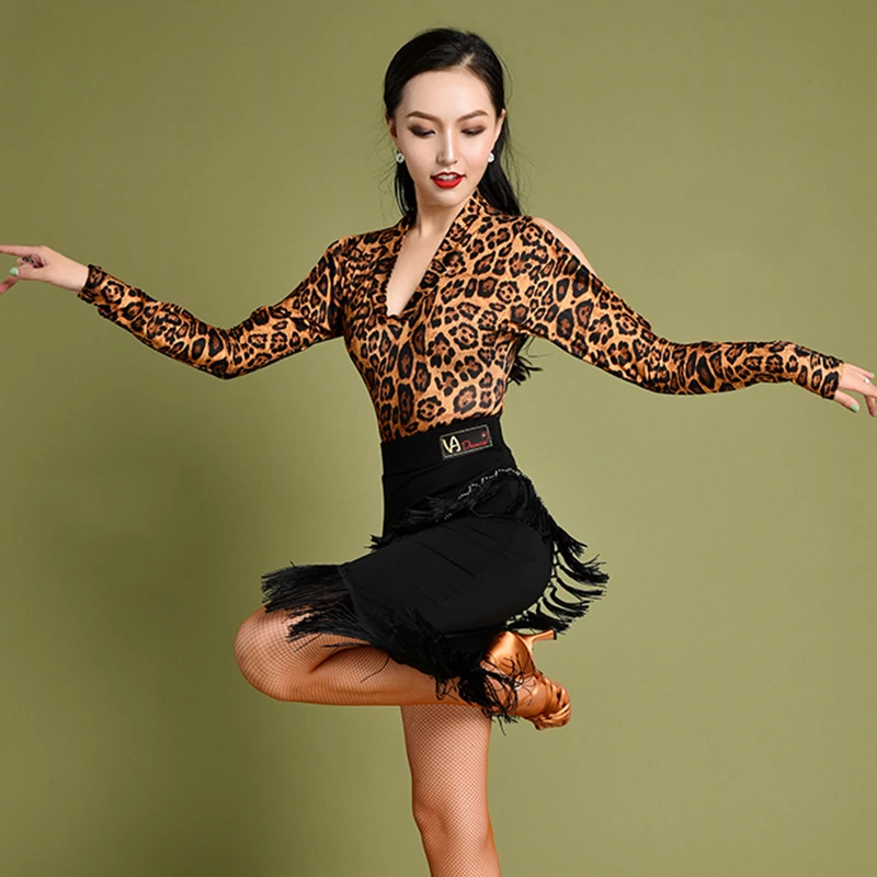 Фото Женское платье для латиноамериканских танцев леопардовое трико с бахромой и