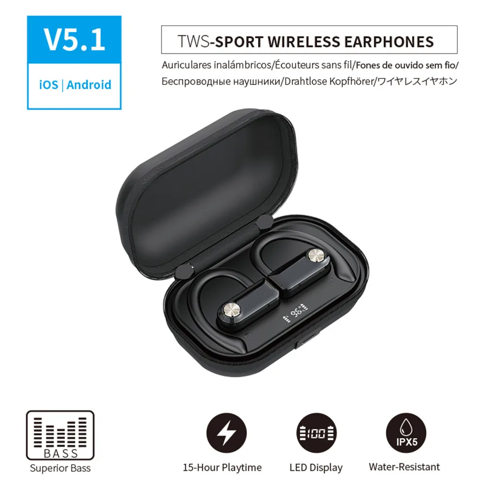 

Wireless Earphone Bluetooth 5.1 Headphone Ear Hook Headset 15 Hours Display With Microphone