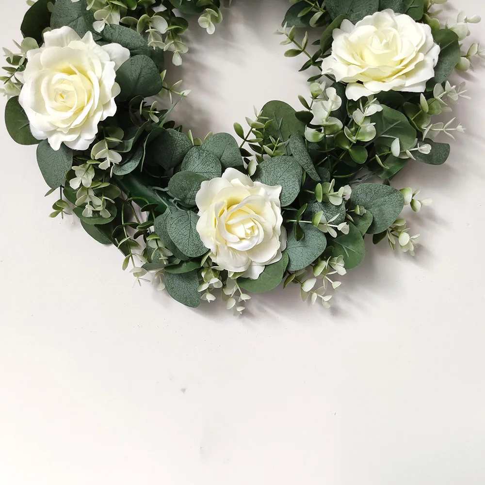 

White Rose Eucalyptus Globulus Artificial Wreaths 45cm Artificial Flower Plant Garlands Home Door Wedding Party Decoration