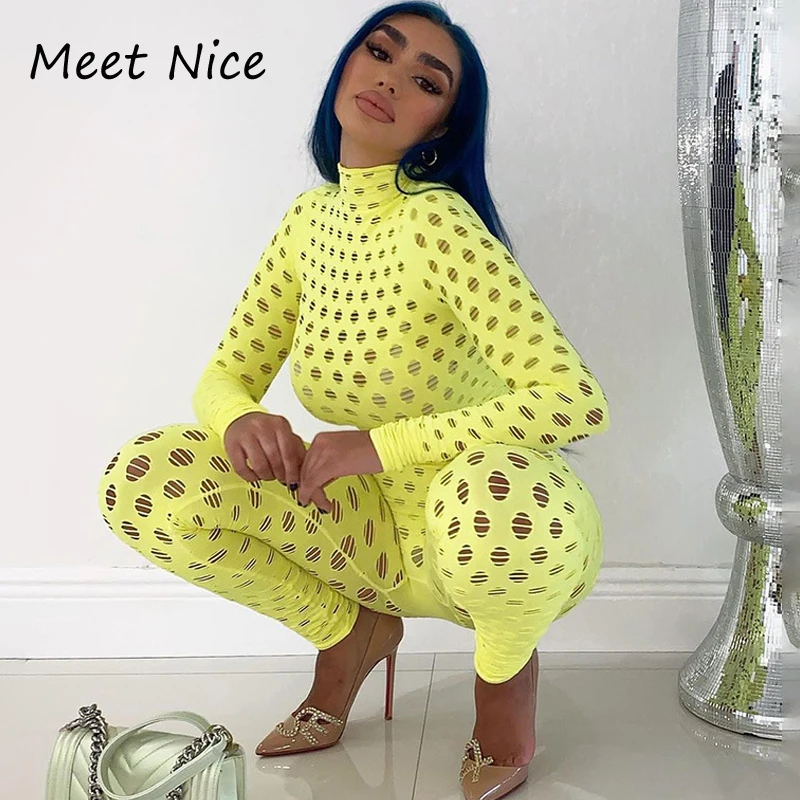 

Sexy Hollow Out Long Sleeve Jumpsuit Women Holes Bodycon Overalls Turtleneck Sports Wear Party Streetwear Club Outfits