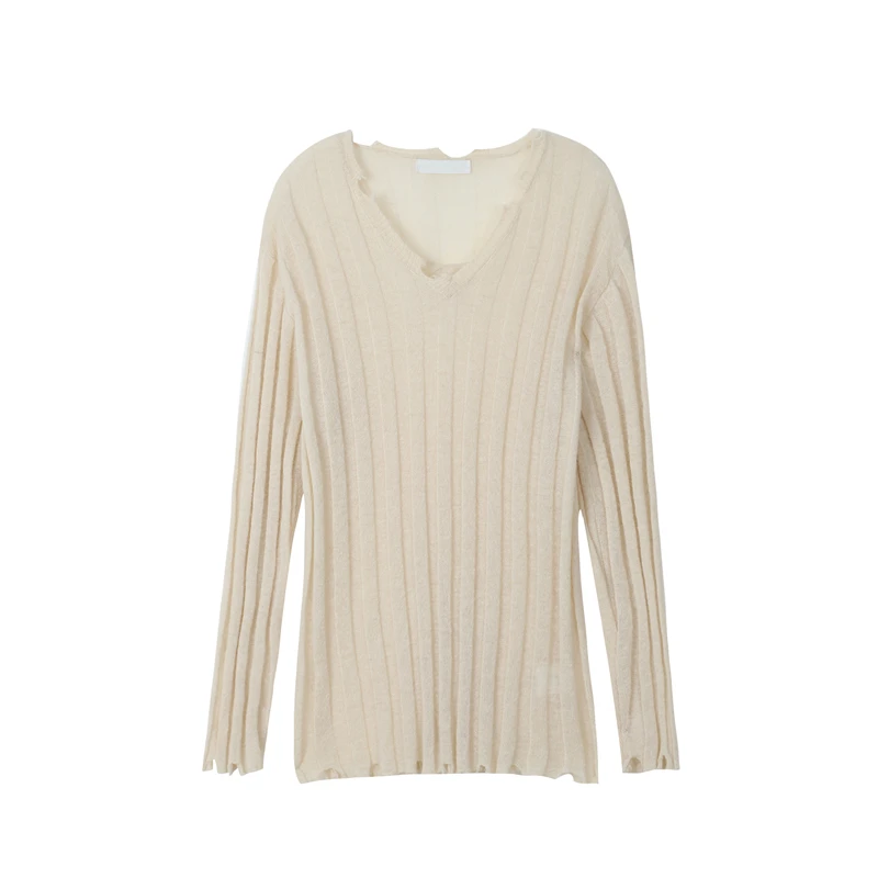 

Sleep at 11 Thin Knitwear Autumn New Women's Niche Korean Style V-neck Distressed Long Sleeve Pullover Top