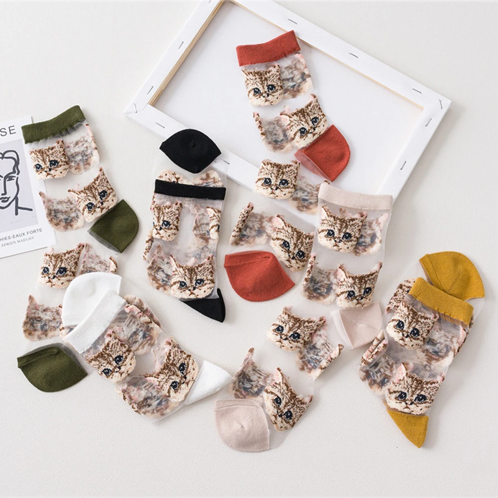 

Women Socks 2021 New Fashion Long Transparent Cute Cat Thin Socks Female Summer Casual Sweet Funny Socks Women Korean Style