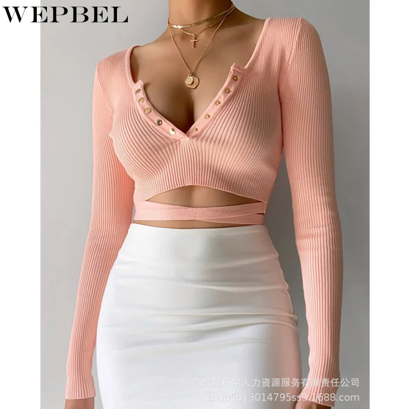 

Женский элегантный осенний вязаный свитер WEPBEL, пуловер, топ, женская сексуальная модная облегающая футболка с длинным рукавом, V-образным вы...