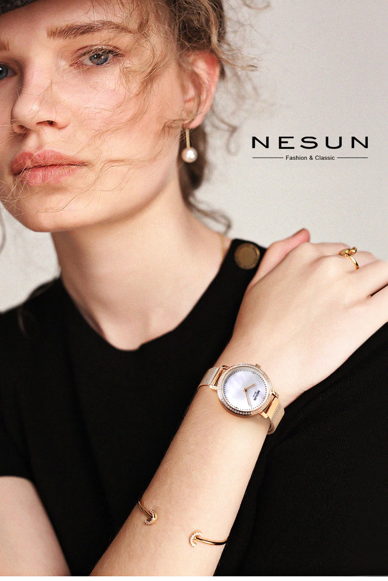 Новинка, женские часы Nesun, люксовый бренд, Япония, кварцевый механизм, жемчуг, Relogio Feminino, часы с бриллиантами, ультра-тонкий, полностью стальной N8809-4