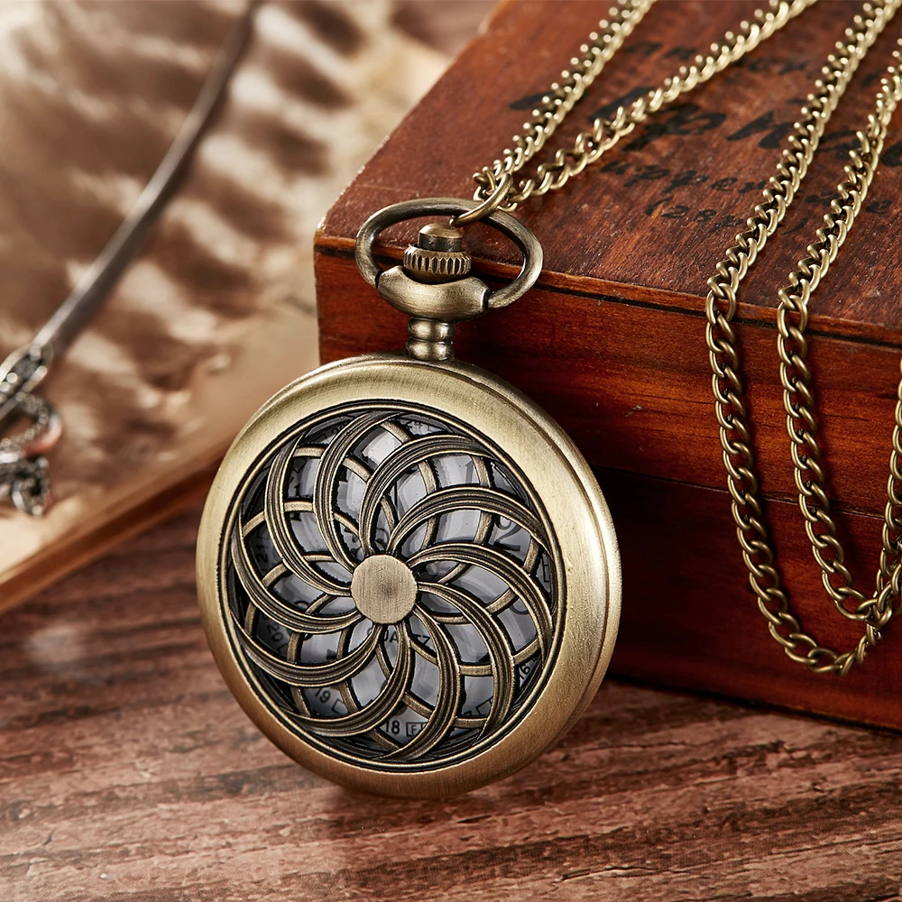 2022 Retro Bronze Quartz Men Women Pocket Watch Windmill Hollow Clock Steampunk Digital Dial Casual Pendant Necklace Chain reloj classic one piece pattern pocket watch for men big round dial clock for women retro bronze slim chain pendant relogio de bolso