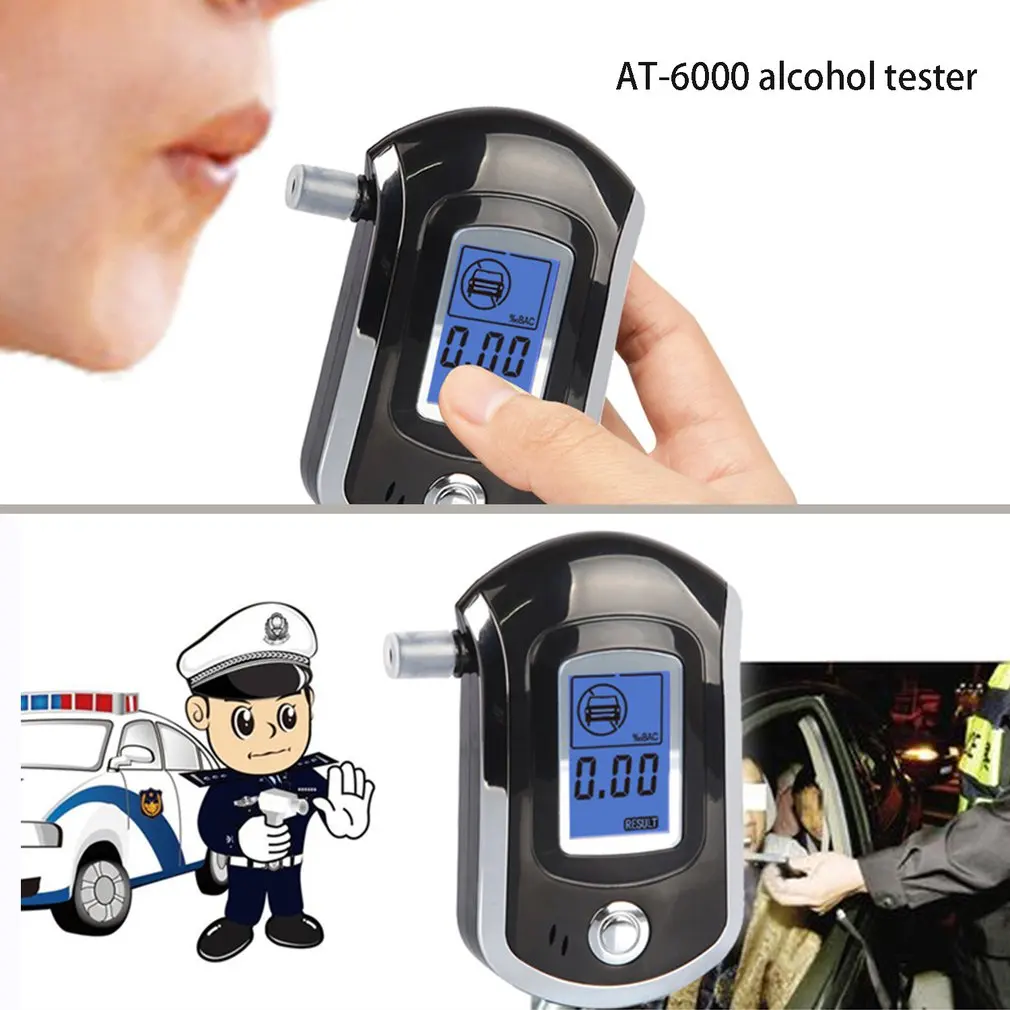 AT-6000 Breathalyzer Alcohol Detector Digital LCD Screen Battery Power Hand-Hold Professional BAC Tracker with 5 Mouthpieces