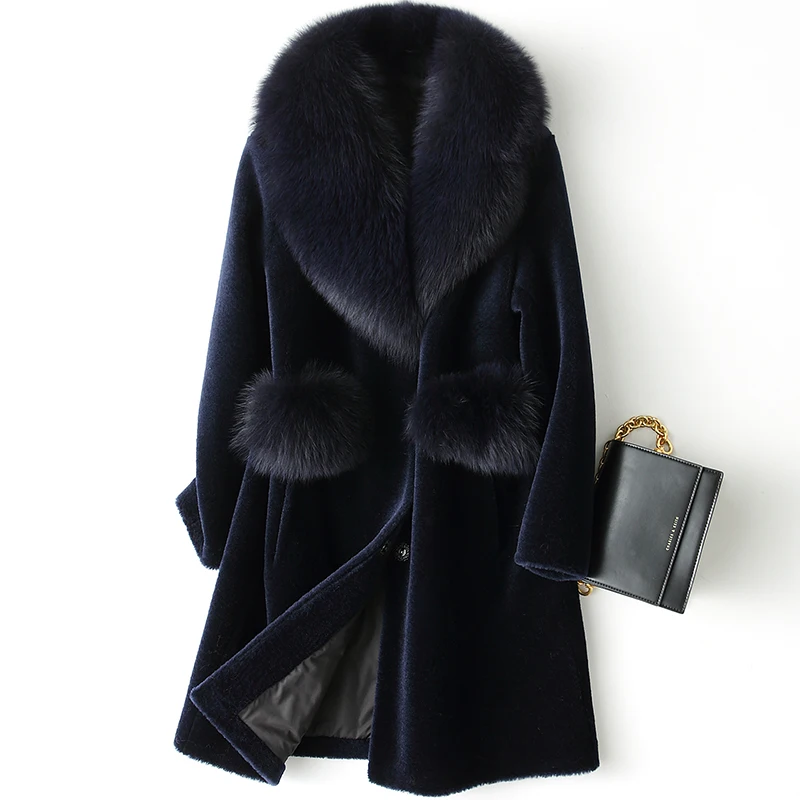 

Real Fur Coat Women Hooded Winter Jacket Fox Fur Collar Plus Size Sheep Shearing 100% Wool Fur Coats Abrigo Mujer XESD1811 J5652