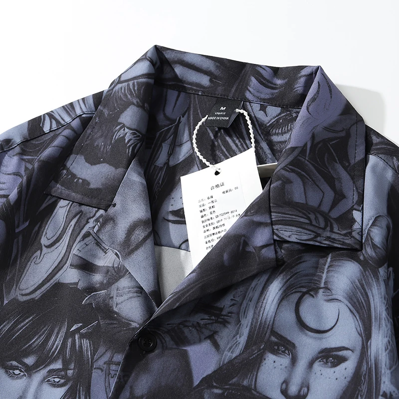 Harajuku Summer Hawaiian Beach Shirts Gothic Girl Print Hip Hop Button Shirt Mens Fashion Short Sleeve Holiday Party Blouse Tops