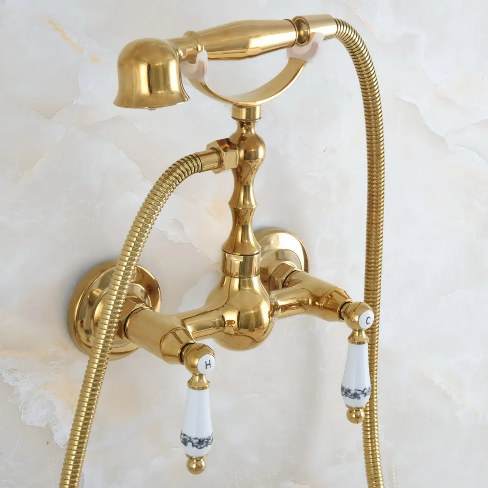 

Современный полированный латунный настенный смеситель для ванны золотого цвета с резьбой комплект для ручного душа + 1,5 м, смеситель для шла...