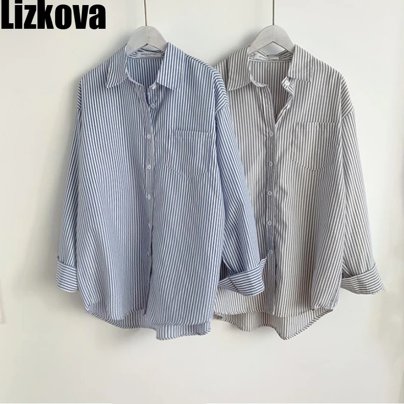 

Lizkova 2021 Striped Shirts Women Oversized Chemise Femme Korean Official Pocket Blusas Elegantes Tops 7803