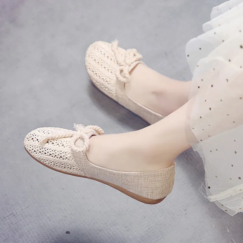 Summer Woven Sewing Flat Shoes for Ladies Slip On Ethnic Flats Breathable Espadrille Solid Woman Shoes Casual Footwear