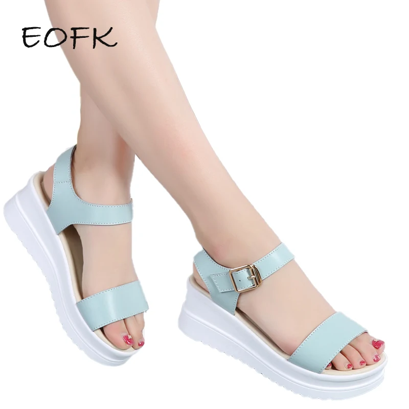 

EOFK Summer Women Flat Sandals Lady Platform Soft Comfort Casual Buckle Sky blue Split Leather Ankle Strap Wedges Sandals