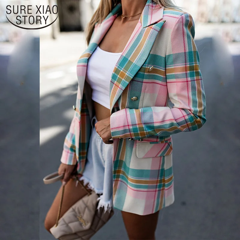 

Office Ladies Notched Collar Plaid Women Blazer Double Breasted Autumn New Jacket 2021 Casual Pockets Female Suits Coat 17306