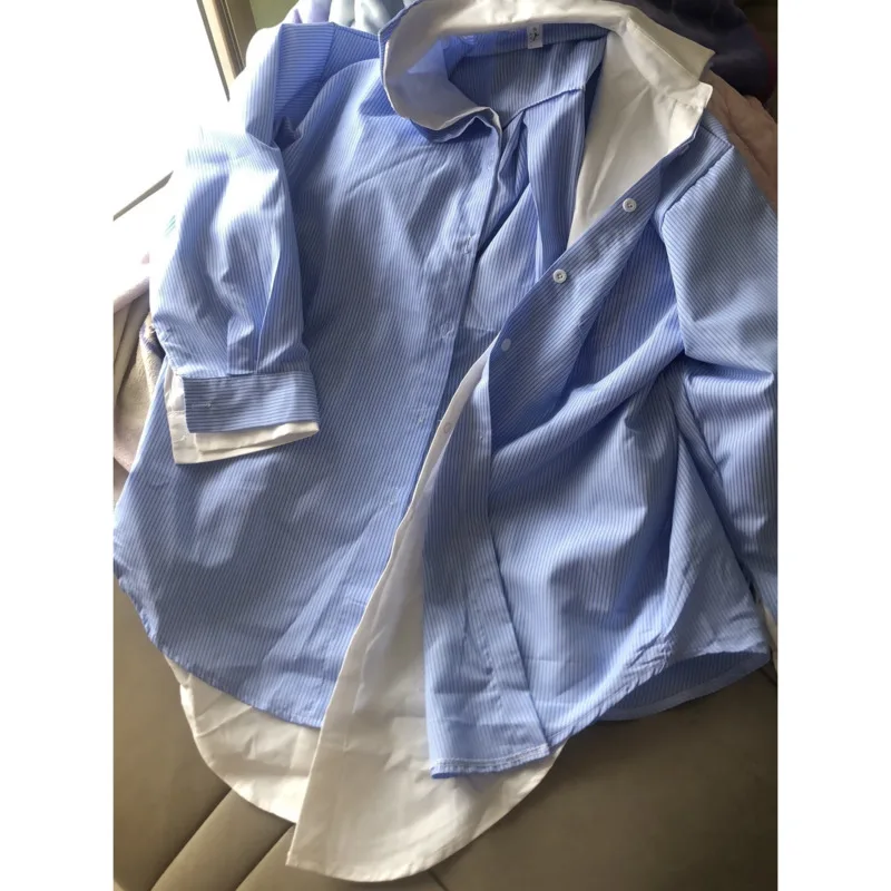 Лоскутные рубашки синяя полосатая рубашка с длинным рукавом Женская Корейская