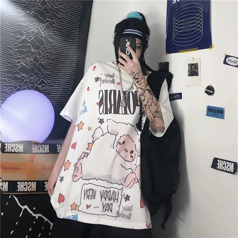 

Women Oversized Summer White Cartoon Printed Japan Female Tshirt Clothes T Shirt for Women Gothic Regular Summer Tops