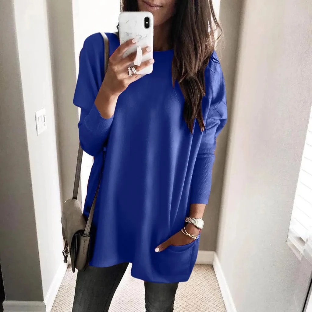 Женские блузки и топы размера плюс 5xl Однотонный свитер с карманами длинным