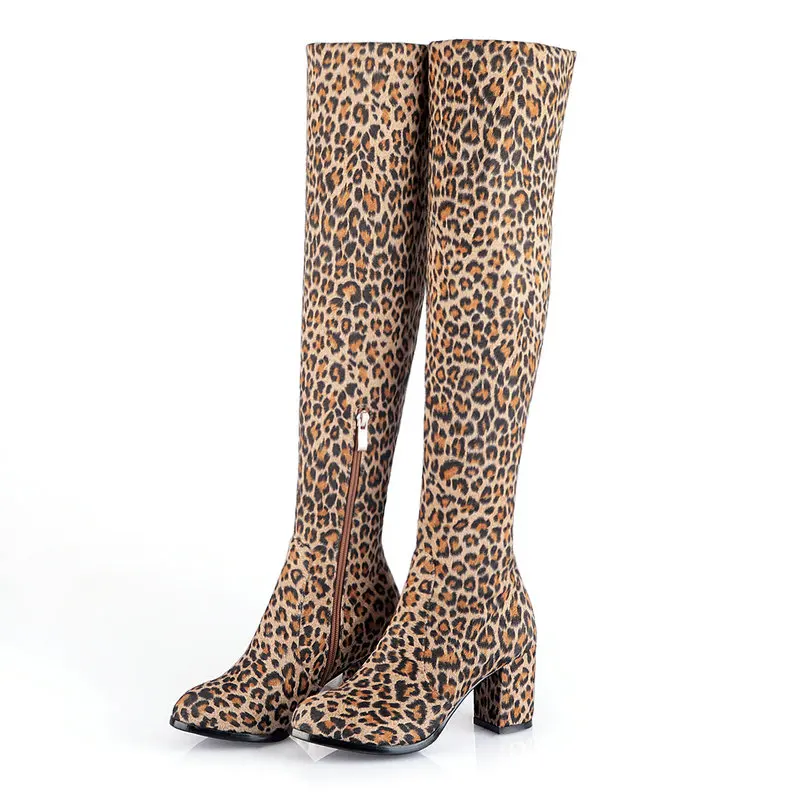 Leopard Zipper Модные сапоги до колена женские зимние сапоги высокие сапоги на толстом высоком каблуке Демисезонная обувь с круглым носком без застежки Женская обувь черного и белого цвета - Цвет: Leopard Zipper