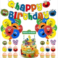 street birthday party decoration sesame street pull flag banner cake insert card cartoon balloon set
