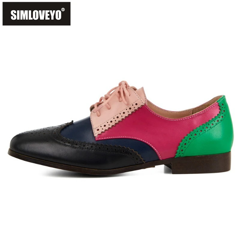 

SIMLOVEYO New 2021 Ladies Flat Shoes Round Toe Genuine Leather Lace-Up Patchwork Big Size 42 Colorful British Summer B2320