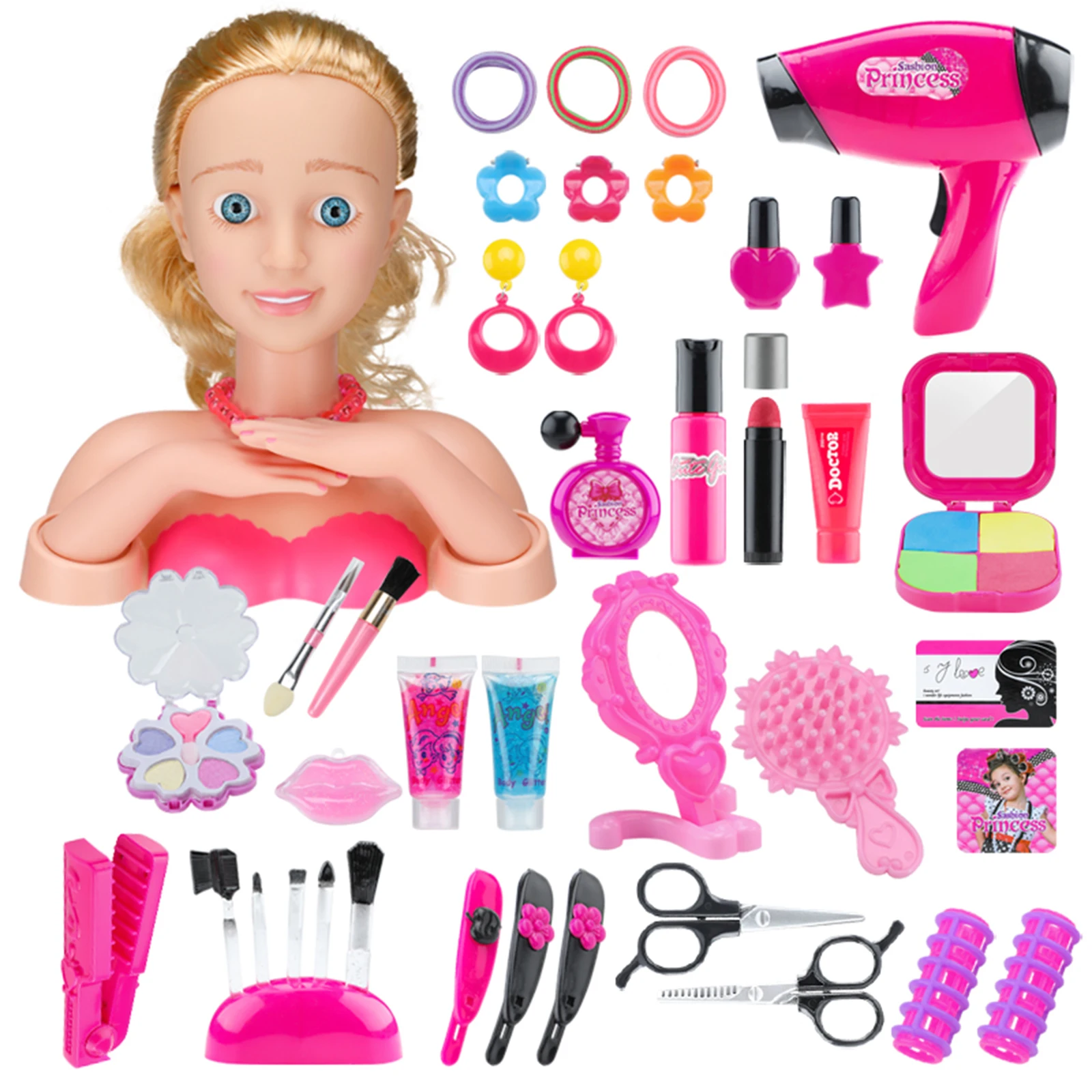 

42Pcs Children Makeup Pretend Playset Styling Head Doll Hairstyle Toy with Hair Dryer - 5805A