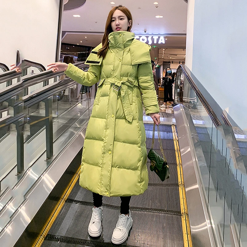 

Autumn Winter Women New Hooded Long Down Cotton Jacket Coat Casual Thick Pocket Solid Waterproof White Parka Waist With A Belt