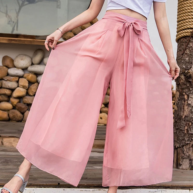 

Limiguyue Summer Casual Flare Pants Women Elastic Waist Sashes Ribbons Office Lady Soild 6 Colors Wide Leg Pants Holiday K1391