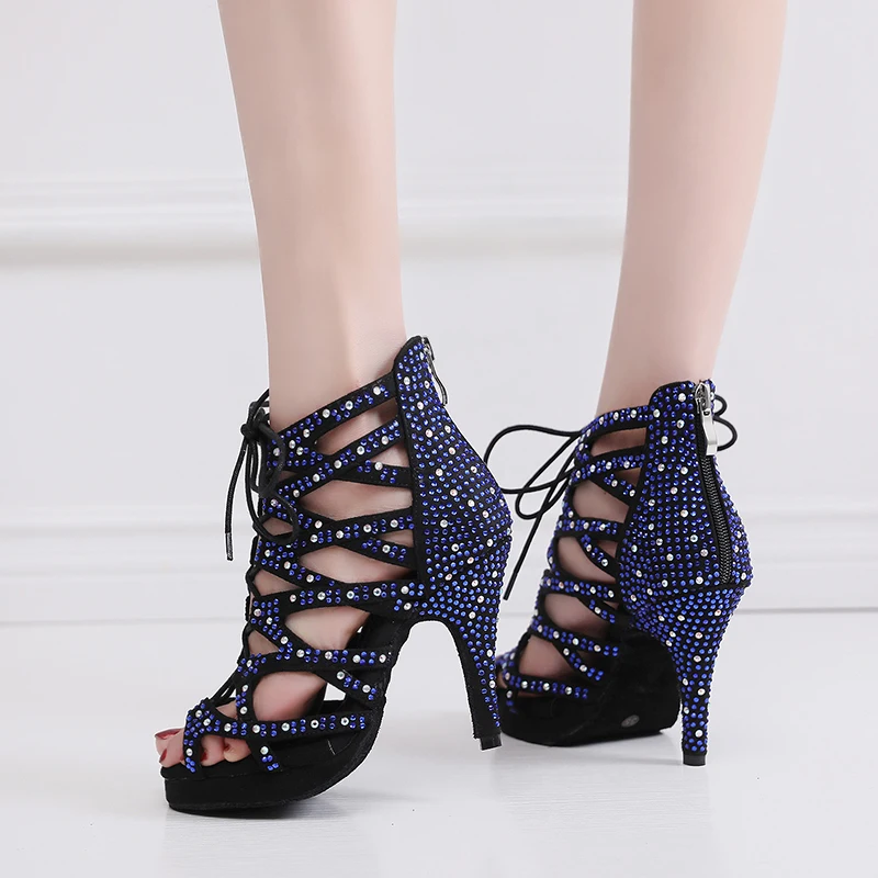 Женские танцевальные сапоги с блестками для латиноамериканского бального танца для девочек на шнуровке, туфли для бачаты и сальсы с высоким каблуком для женщин