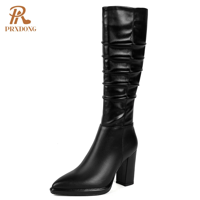 

Autumn Winter Sexy Women High Heeled Knee High Boots with Zipper Pleated Pointed Toe Black Off White Ladies Shoes Dress Wedding