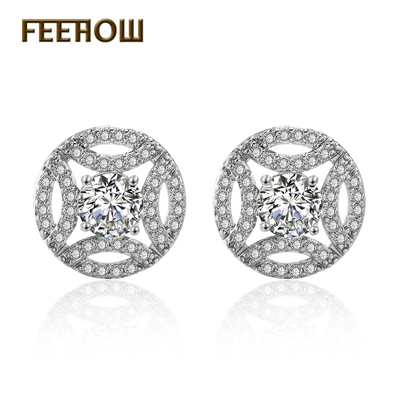 Женские серьги-гвоздики FEEHOW с круглым вырезом и кристаллами из циркония